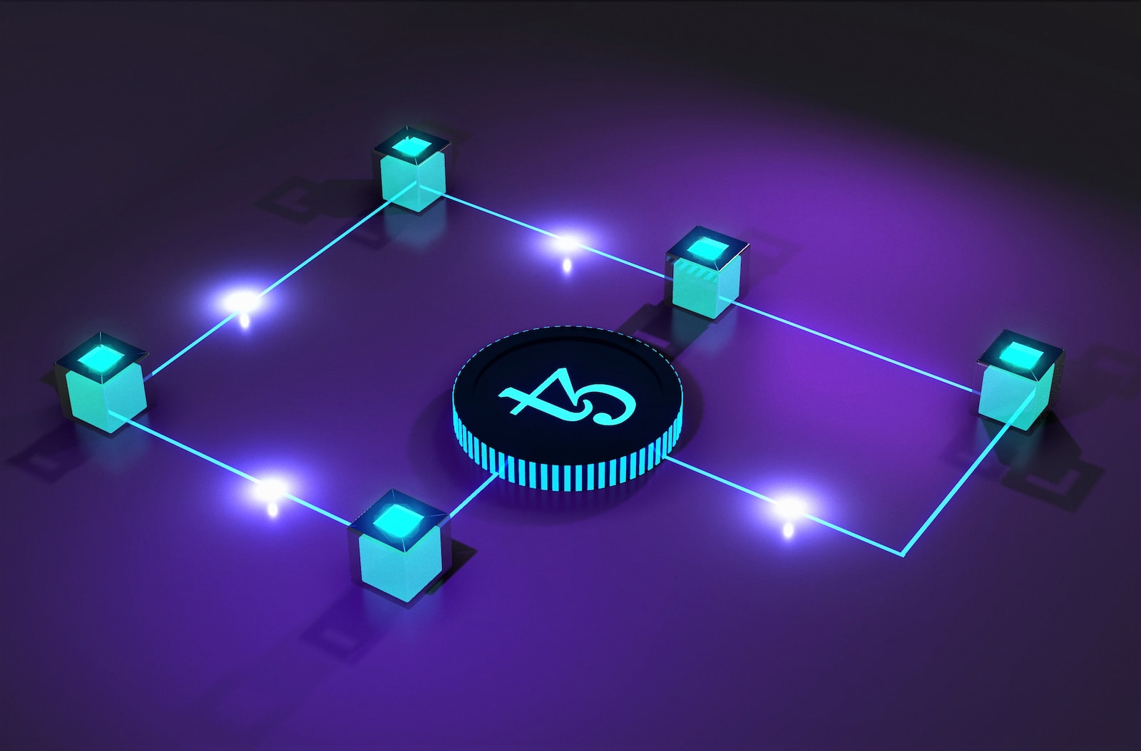 Que es blockchain para tontos - a purple background with a black and blue circle surrounded by blue and green cubes